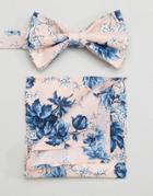 Asos Wedding Bow Tie & Pocket Square In Pink Floral Print - Pink