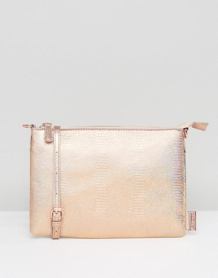 Lamoda Holographic Pink Flat Cross Body Bag - Gold