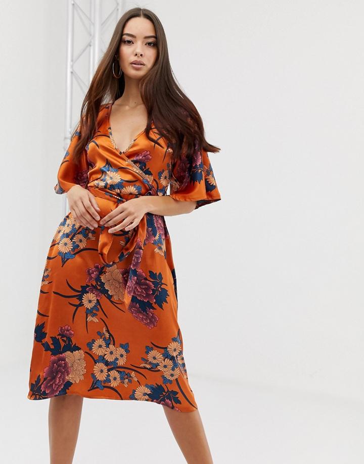 Prettylittlething Satin Kimono Midi Dress In Orange Floral - Brown