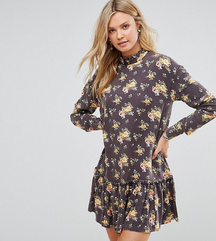 Asos Tall Washed Mini Dress With Ruffle Hem In Floral Print - Multi