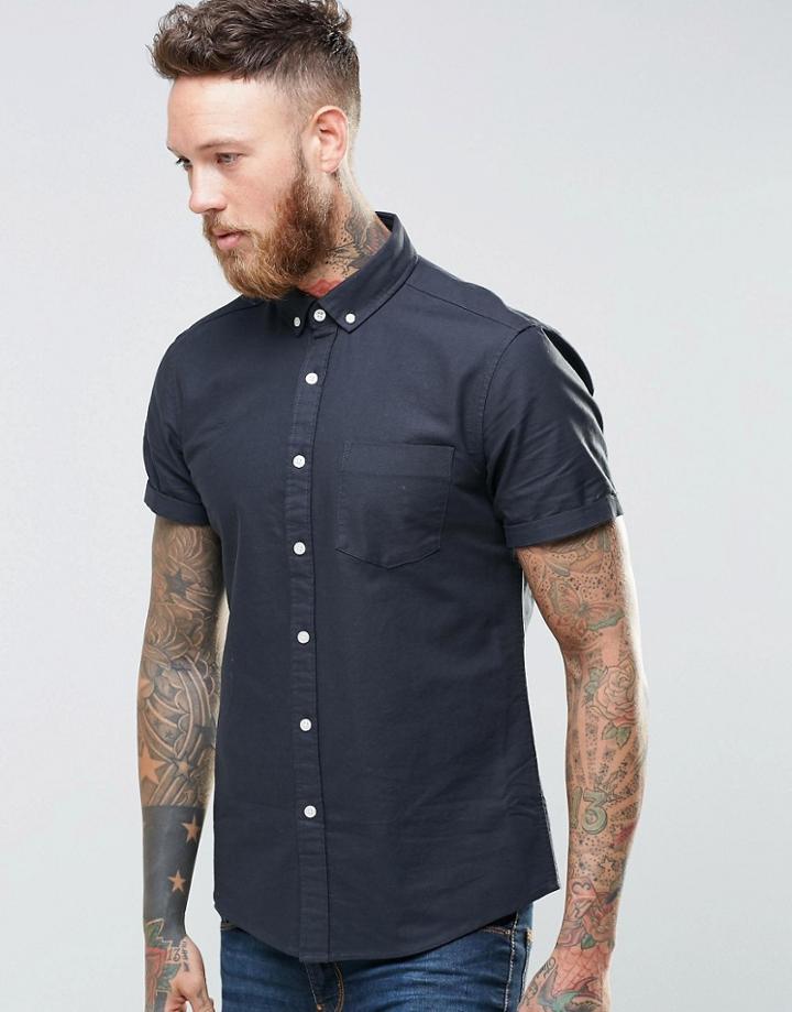 Asos Oxford Shirt In Navy With Short Sleeves In Regular Fit - Navy
