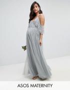 Asos Maternity Wedding Embellished Lace Insert Flutter Sleeve Maxi Dress - Gray