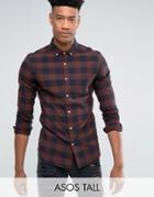 Asos Tall Skinny Buffalo Plaid Shirt In Rust - Brown