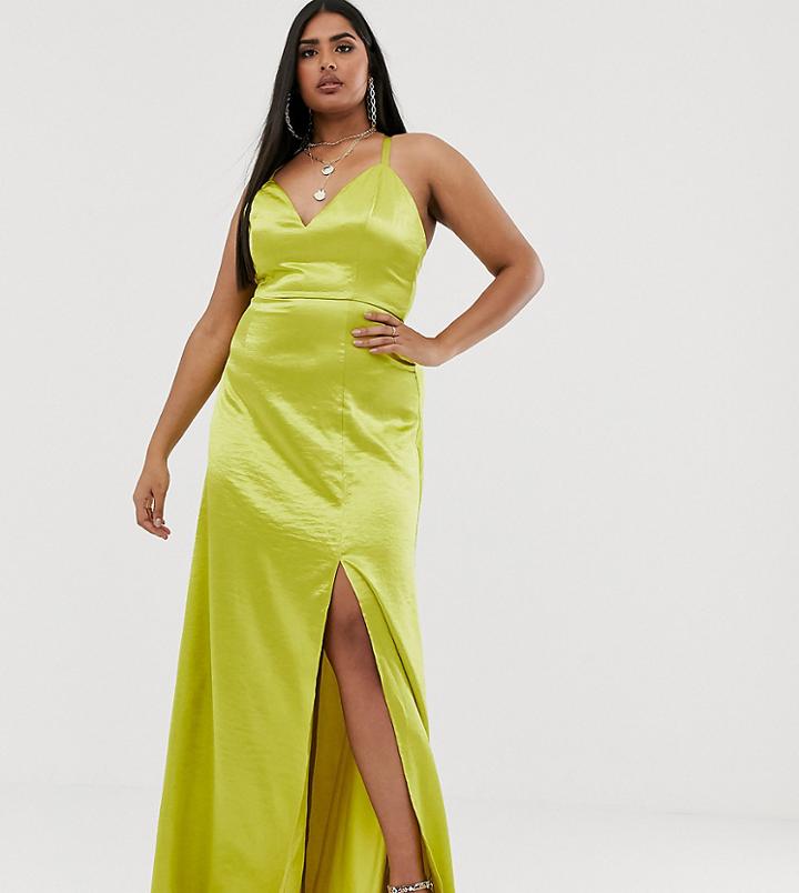Club L London Plus Satin Plunge Front Maxi Dress With High Thigh Split In Lime-green