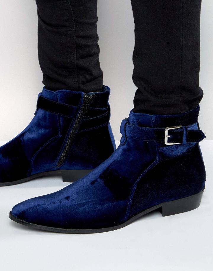 Walk London Notting Velvet Buckle Boots - Navy