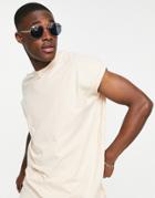 Asos Design Oversized Longline T-shirt With Roll Sleeve In Beige-neutral