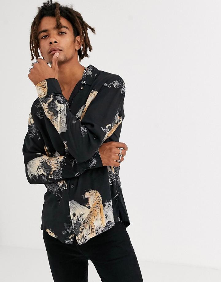 Allsaints Revere Collar Shirt With Tiger Print In Black