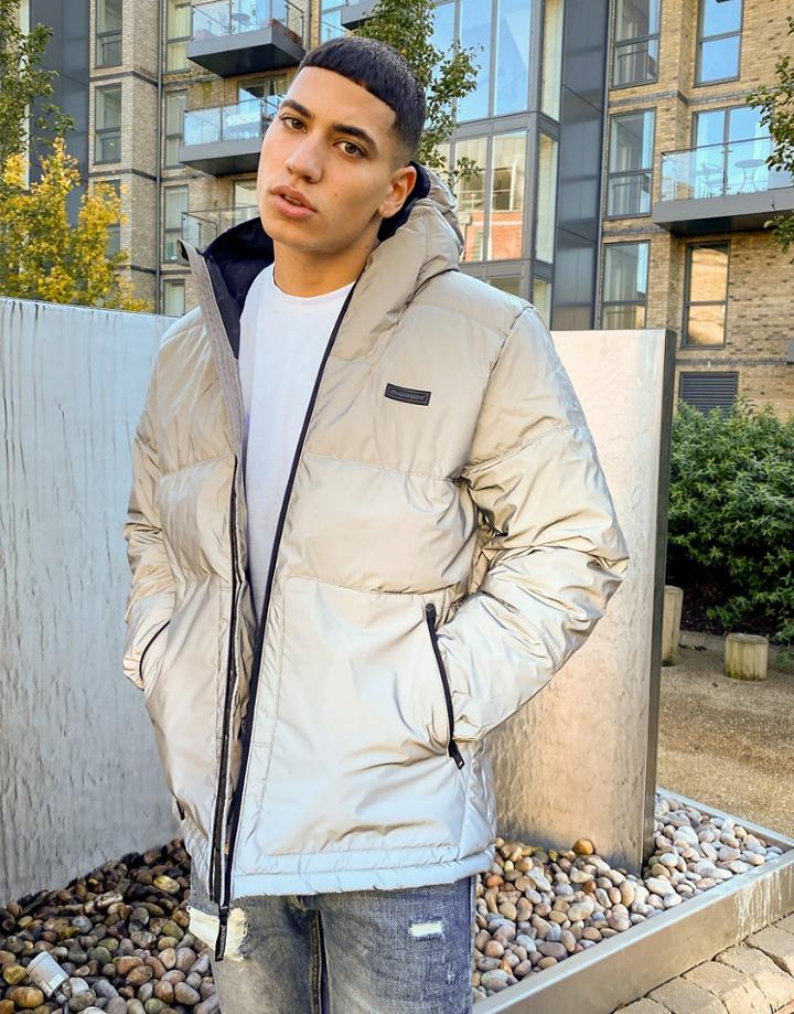 Bershka Padded Puffer Jacket With Hood In Reflective Gray-grey