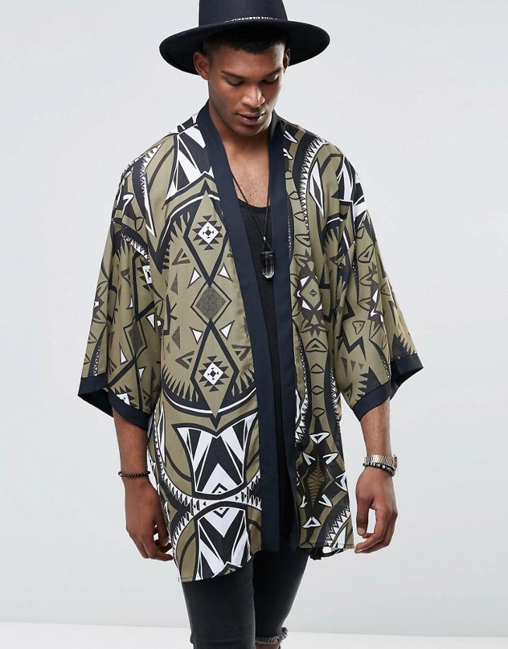 Jaded London Kaleidoscope Print Kimono - Green