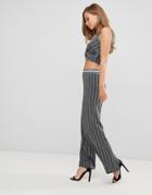 Flounce London High Waisted Pants With Elasticated Waist In Silver Metallic