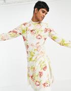 Asos Design Kurta Longline Shirt In Floral Linen Print With Asymmetric Front-neutral