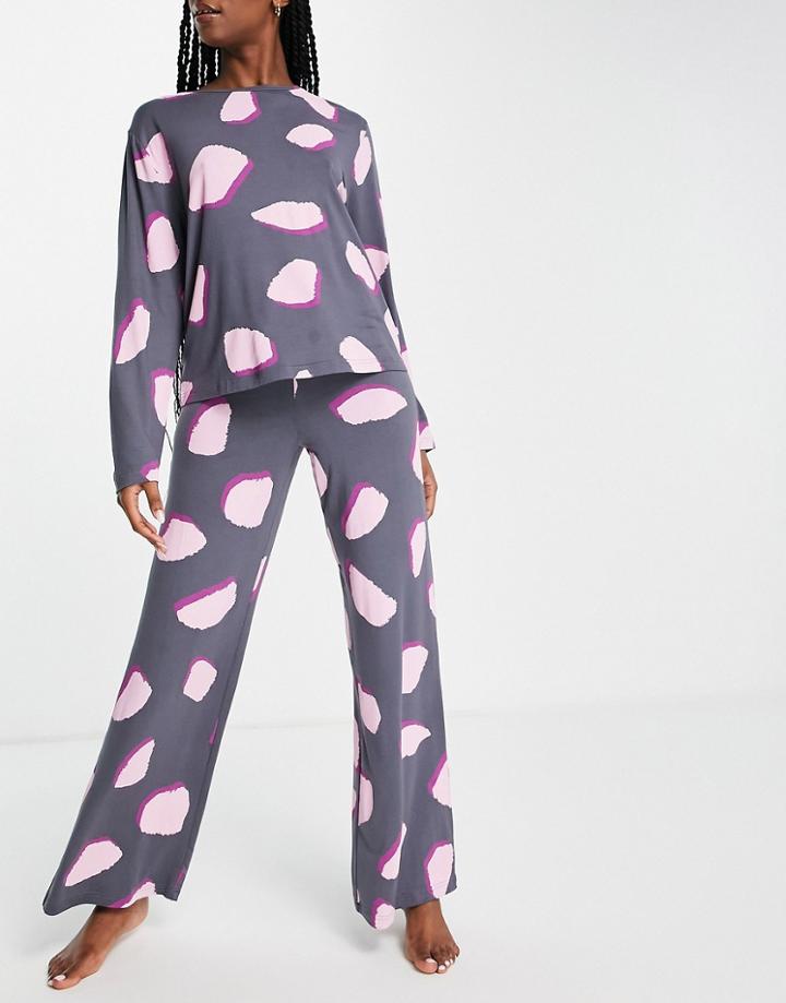 Asos Design Lounge Abstract Spot Viscose Long Sleeve Top & Wide Leg Bottoms Set In Gray-red