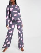 Asos Design Lounge Abstract Spot Viscose Long Sleeve Top & Wide Leg Bottoms Set In Gray-red