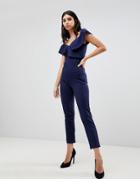 True Violet Off Shoulder Jumpsuit With Frill Details - Navy