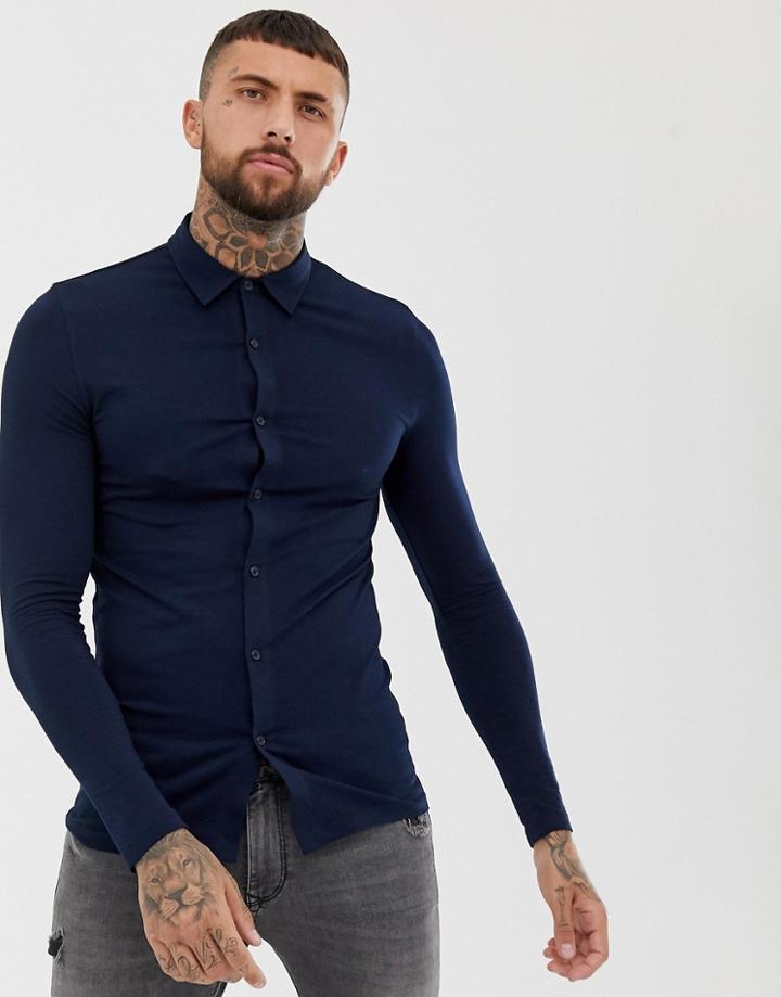 Asos Design Muscle Fit Button Through Jersey Polo In Navy - Navy