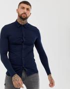 Asos Design Muscle Fit Button Through Jersey Polo In Navy - Navy