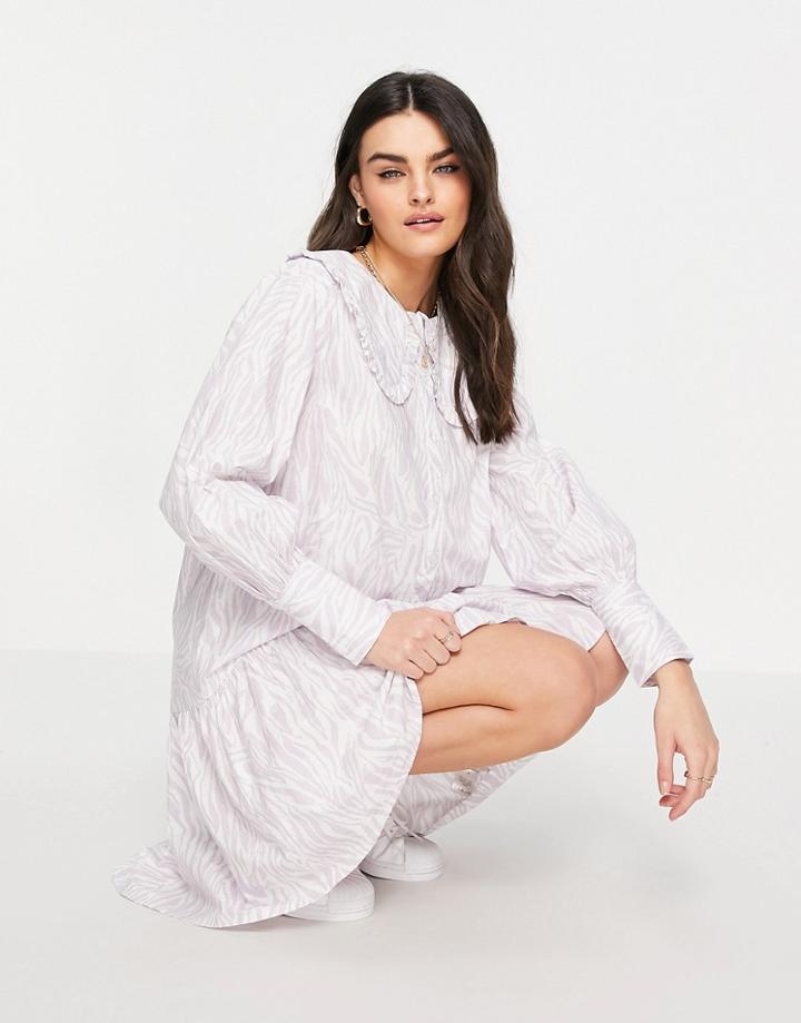 Neon Rose Relaxed Mini Dress With Collar And Full Skirt In Pastel Zebra Print-purple