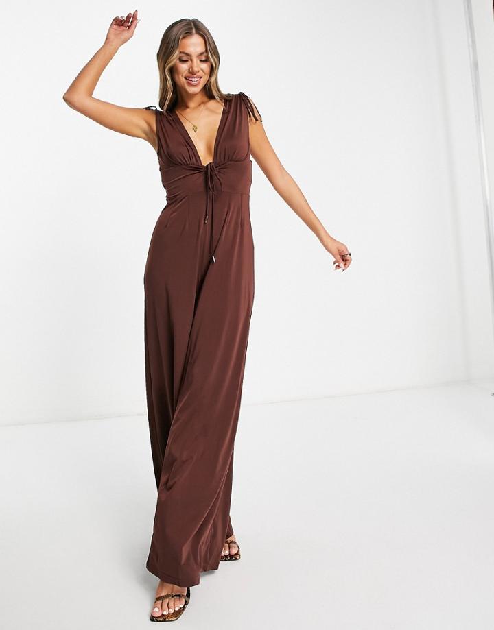 Rare London Super Wide Leg Keyhole Front Jumpsuit In Brown