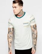 Asos T-shirt With Ringer And Contrast Geo-tribal Print Pocket And Sleeves - Off White