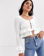 Asos Design Ruffle Detail Button Front Cardigan-white