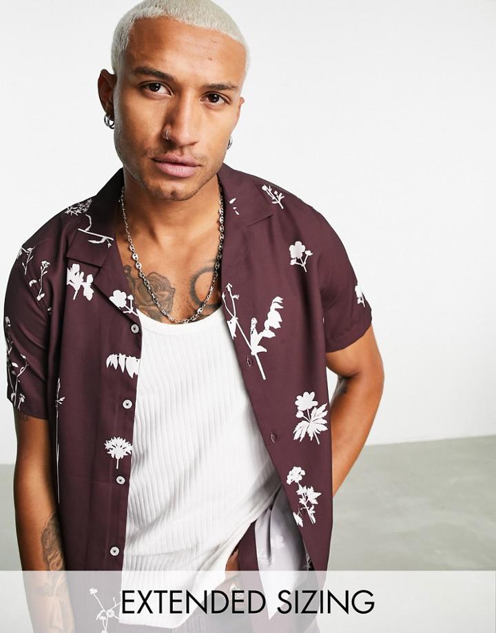 Asos Design Revere Shirt In Burgundy Floral Print-red