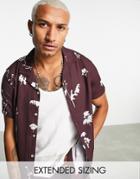 Asos Design Revere Shirt In Burgundy Floral Print-red