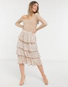 Miss Selfridge Sequin Tiered Midi Skirt In Blush-pink