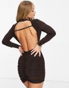 Asos Design Open Back Soft Touch Ruched High-neck Mini Dress In Chocolate-brown