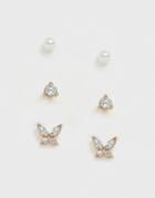 Asos Design Pack Of 3 Earrings With Crystal Butterfly And Pearl Studs In Gold Tone