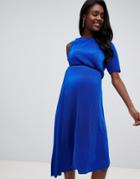 Asos Design Maternity Midi Plisse Dress With One Shoulder And Wrap Back - Blue