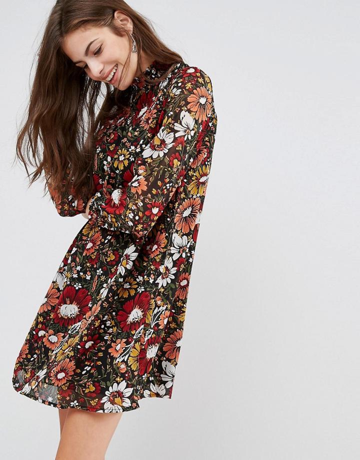 Brave Soul Floral Print Smock Dress - Orange