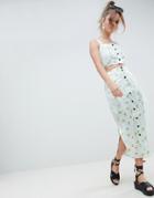 Asos Design Satin Midi Skirt With Fringe Detail In Ditsy Print Two-piece - Multi
