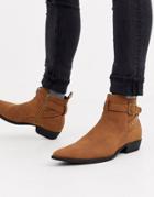 Asos Design Stacked Heel Chelsea Boots In Tan Faux Suede With Buckle Detail