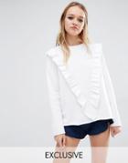 Reclaimed Vintage Sweat Sweater With Deep V Frill - White
