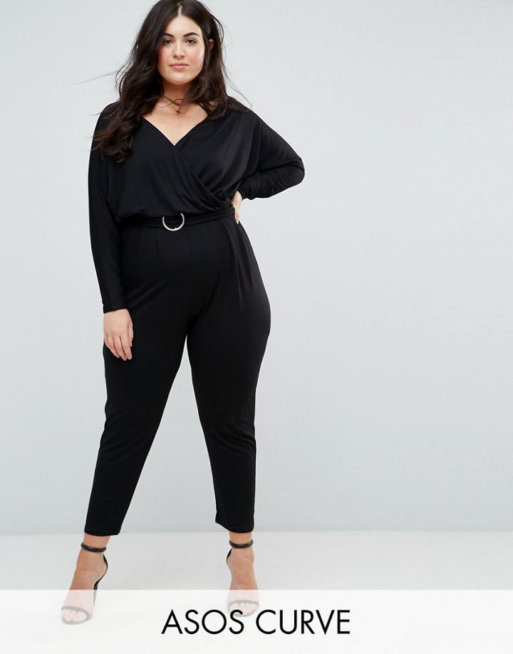 Asos Curve Jersey Jumpsuit With Batwing Sleeve And Belt - Black