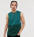 Asos Design Tall Organic Relaxed Sleeveless T-shirt With Dropped Armhole With Contrast Yoke In Green