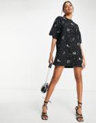 Asos Design Oversized T-shirt Dress With Silver Sequins In Black