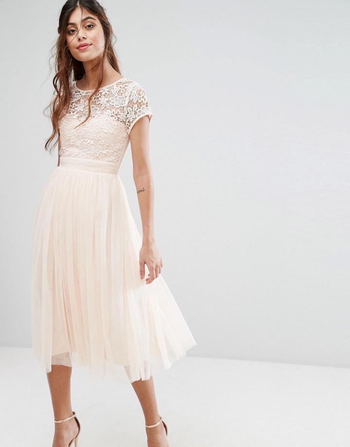 Little Mistress Short Sleeve Lace Bodice Midi Dress With Tulle Skirt - Pink