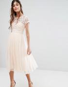 Little Mistress Short Sleeve Lace Bodice Midi Dress With Tulle Skirt - Pink