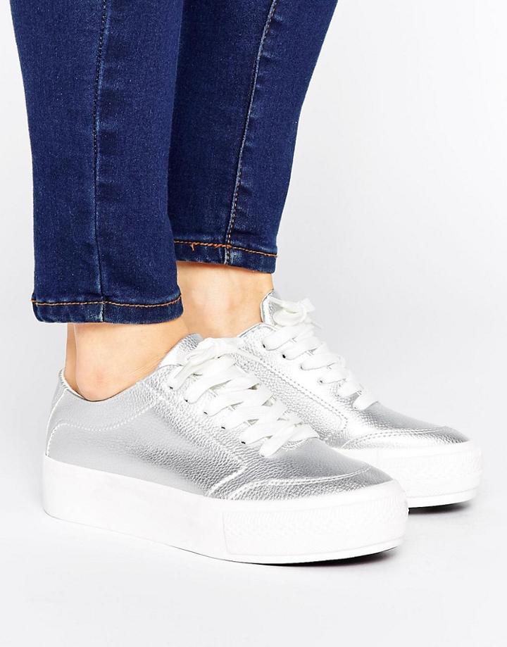 New Look Metallic Flatform Sneaker - Silver