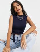 Topshop Knit Tie Waist Tank Top In Navy