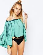 Surf Gypsy Tie Dye Off Shoulder Bell Sleeve Beach Top