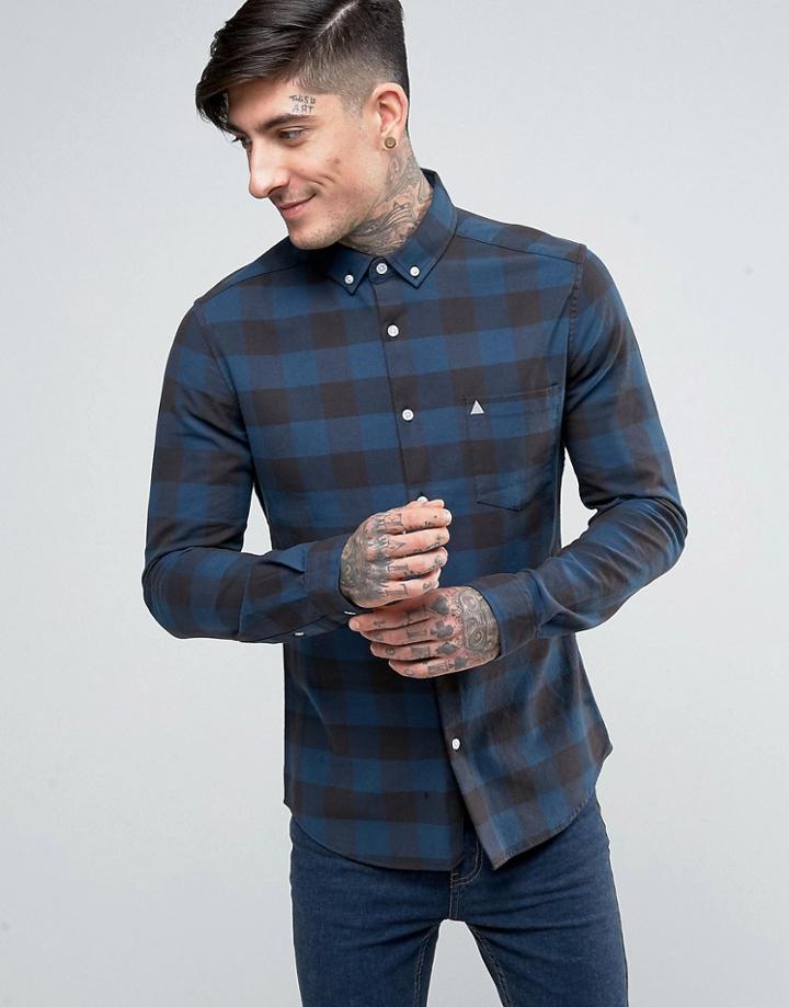 Asos Skinny Buffalo Plaid Shirt With Logo In Navy - Navy