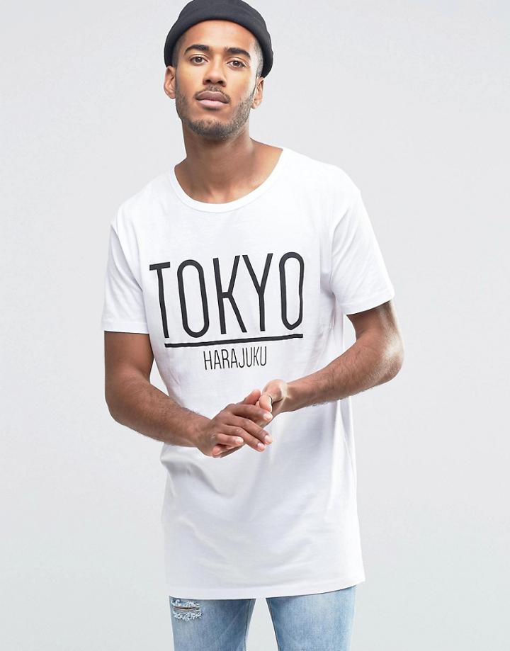 Brave Soul Long Line Tokyo T-shirt - White