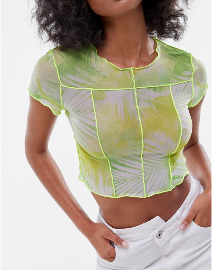 Bershka Mesh Exposed Seam Palm Print Crop Top In Lime-green