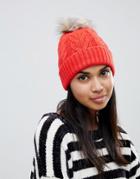 Oasis Cable Knit Beanie With Fur Pomp Om In Orange - Orange