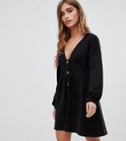 Asos Design Petite Long Sleeve Smock Dress With Buttons And Waist Panel-black