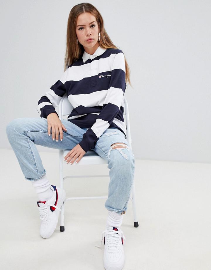 Champion Rugby Top With Embroidered Chest Logo In Stripe - Black