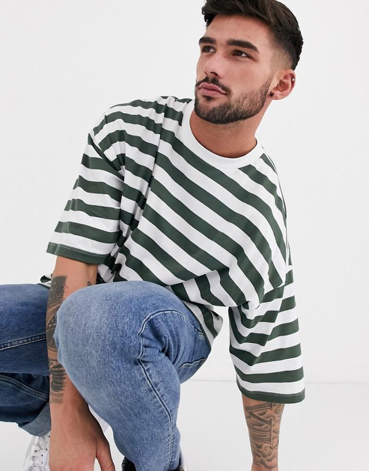 Asos Design Oversized Organic Cotton Stripe T-shirt In Green