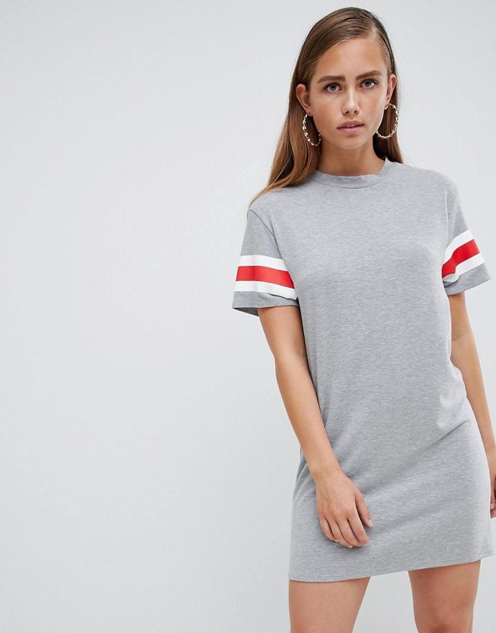 Prettylittlething Stripe Sleeve T-shirt Dress - Gray